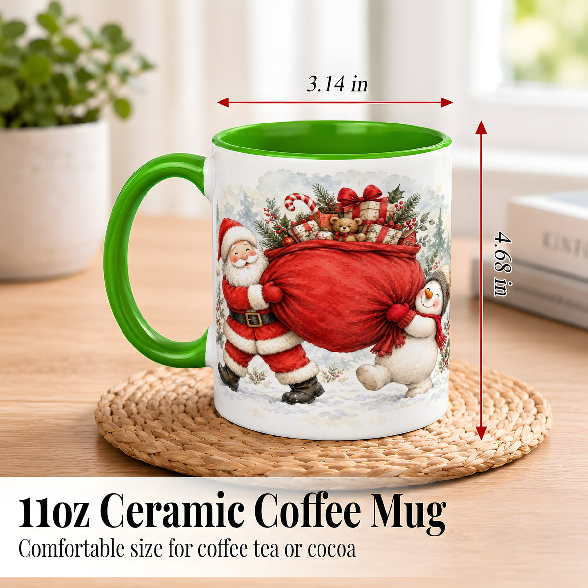 #pl[11oz|Green] Santa Snowman Christmas Coffee Mug, Holiday Friends Mug, Ceramic Cup