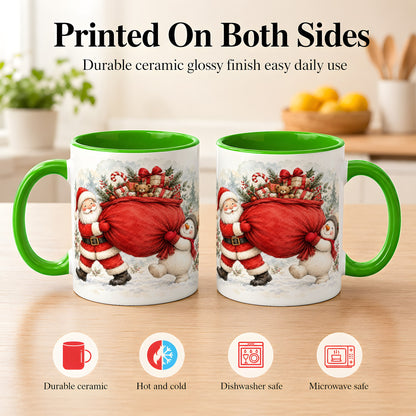 #pl[11oz|Green] Santa Snowman Christmas Coffee Mug, Holiday Friends Mug, Ceramic Cup