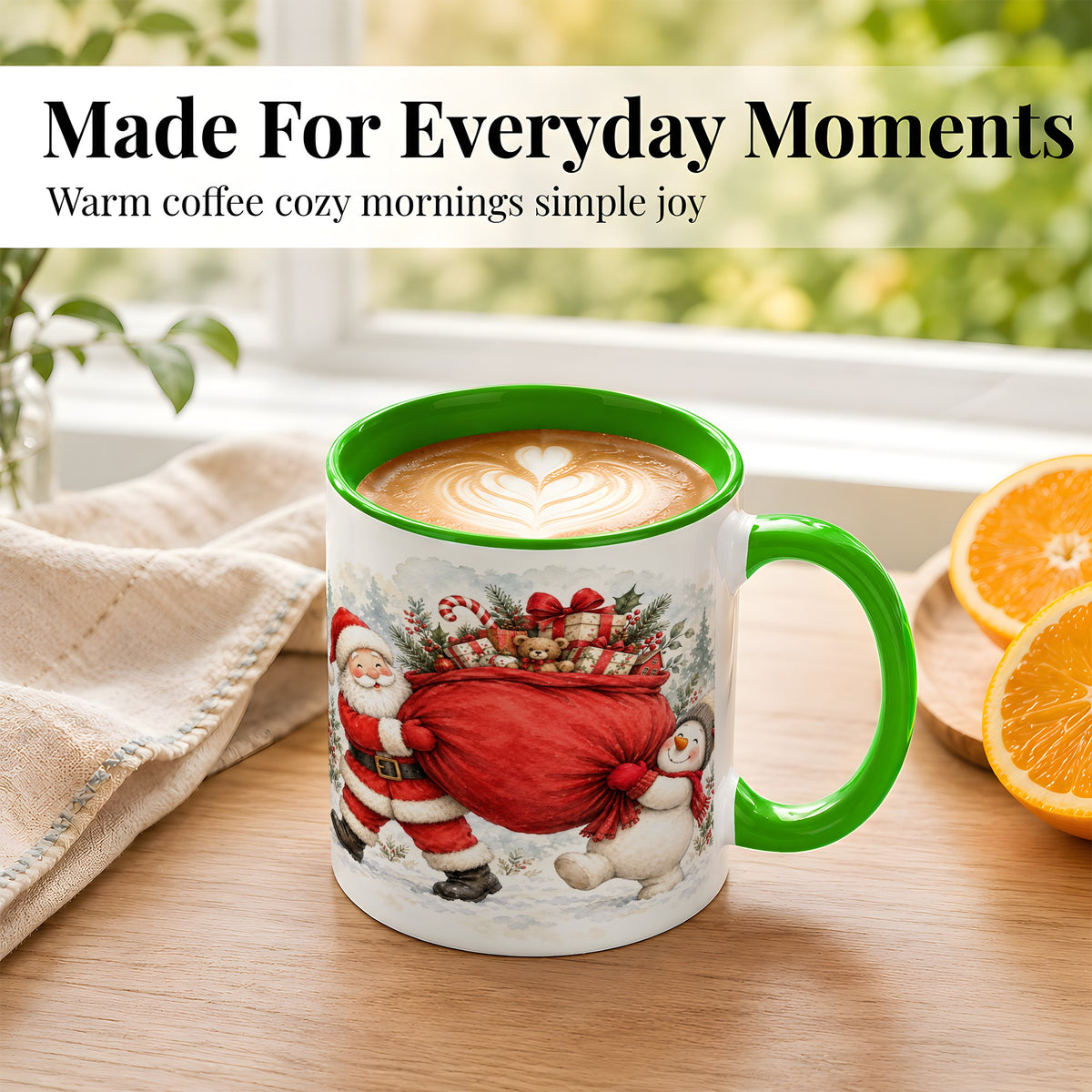 #pl[11oz|Green] Santa Snowman Christmas Coffee Mug, Holiday Friends Mug, Ceramic Cup