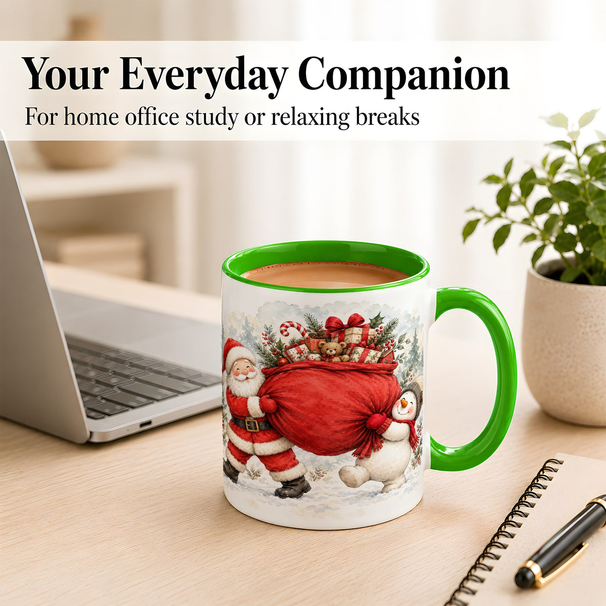 #pl[11oz|Green] Santa Snowman Christmas Coffee Mug, Holiday Friends Mug, Ceramic Cup
