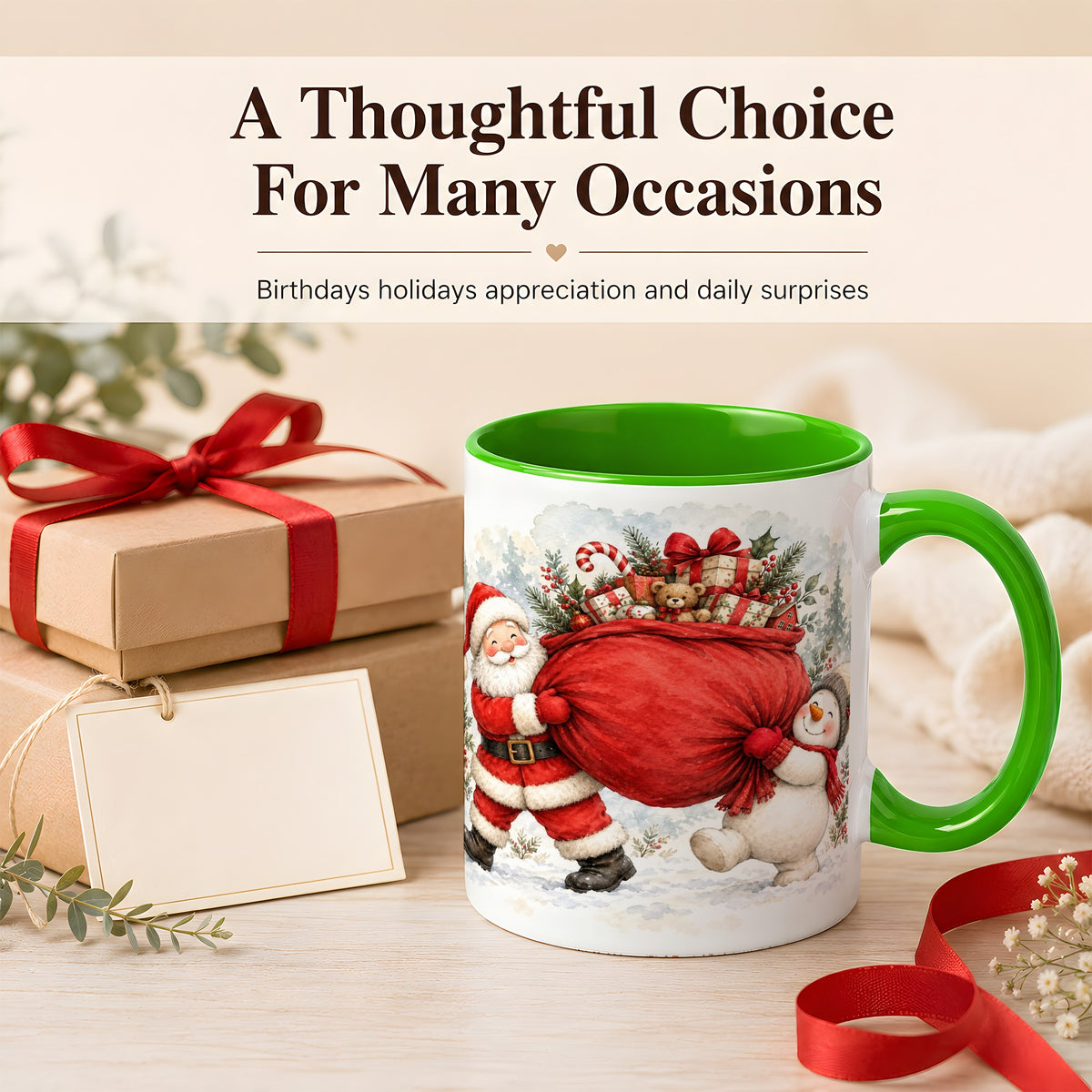 #pl[11oz|Green] Santa Snowman Christmas Coffee Mug, Holiday Friends Mug, Ceramic Cup