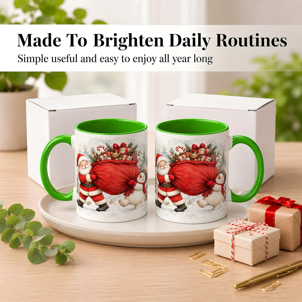 #pl[11oz|Green] Santa Snowman Christmas Coffee Mug, Holiday Friends Mug, Ceramic Cup