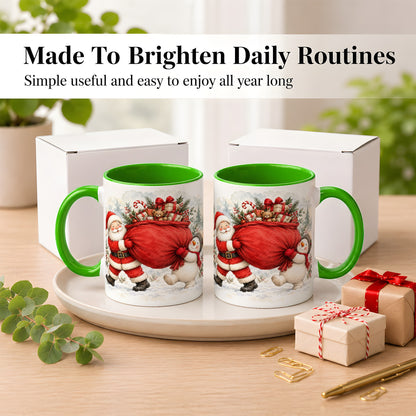 #pl[11oz|Green] Santa Snowman Christmas Coffee Mug, Holiday Friends Mug, Ceramic Cup