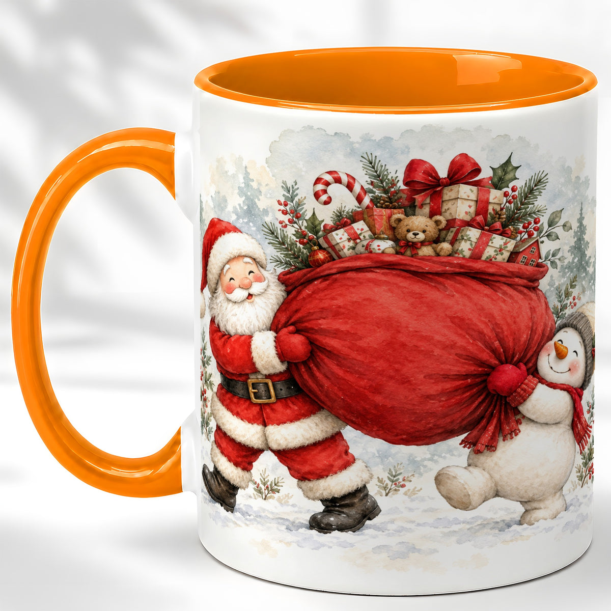 #pl[11oz|Orange] Santa Snowman Christmas Coffee Mug, Holiday Friends Mug, Ceramic Cup