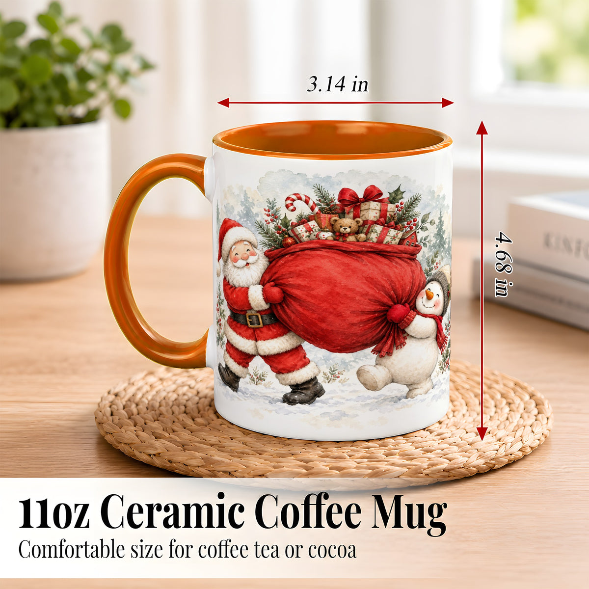 #pl[11oz|Orange] Santa Snowman Christmas Coffee Mug, Holiday Friends Mug, Ceramic Cup