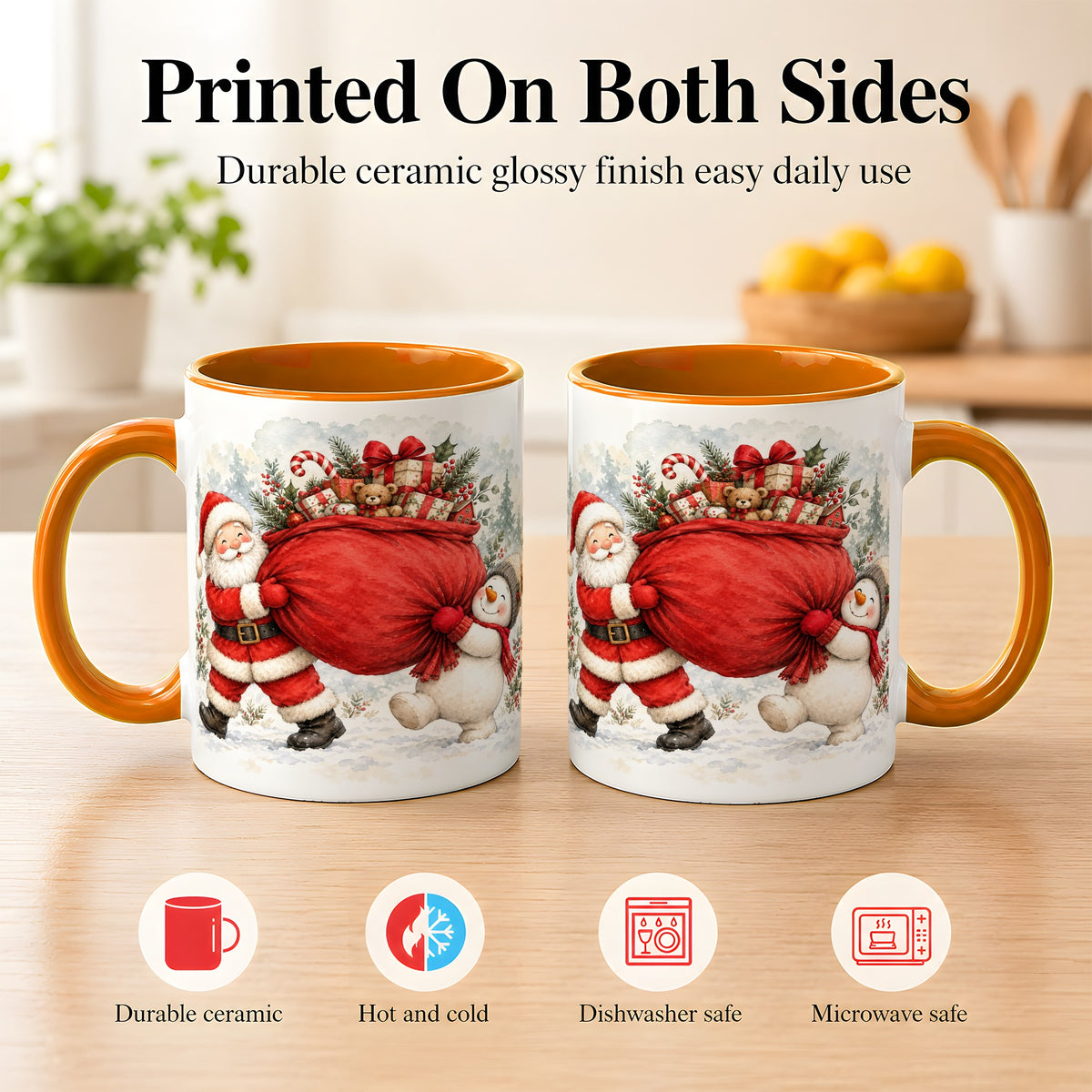 #pl[11oz|Orange] Santa Snowman Christmas Coffee Mug, Holiday Friends Mug, Ceramic Cup