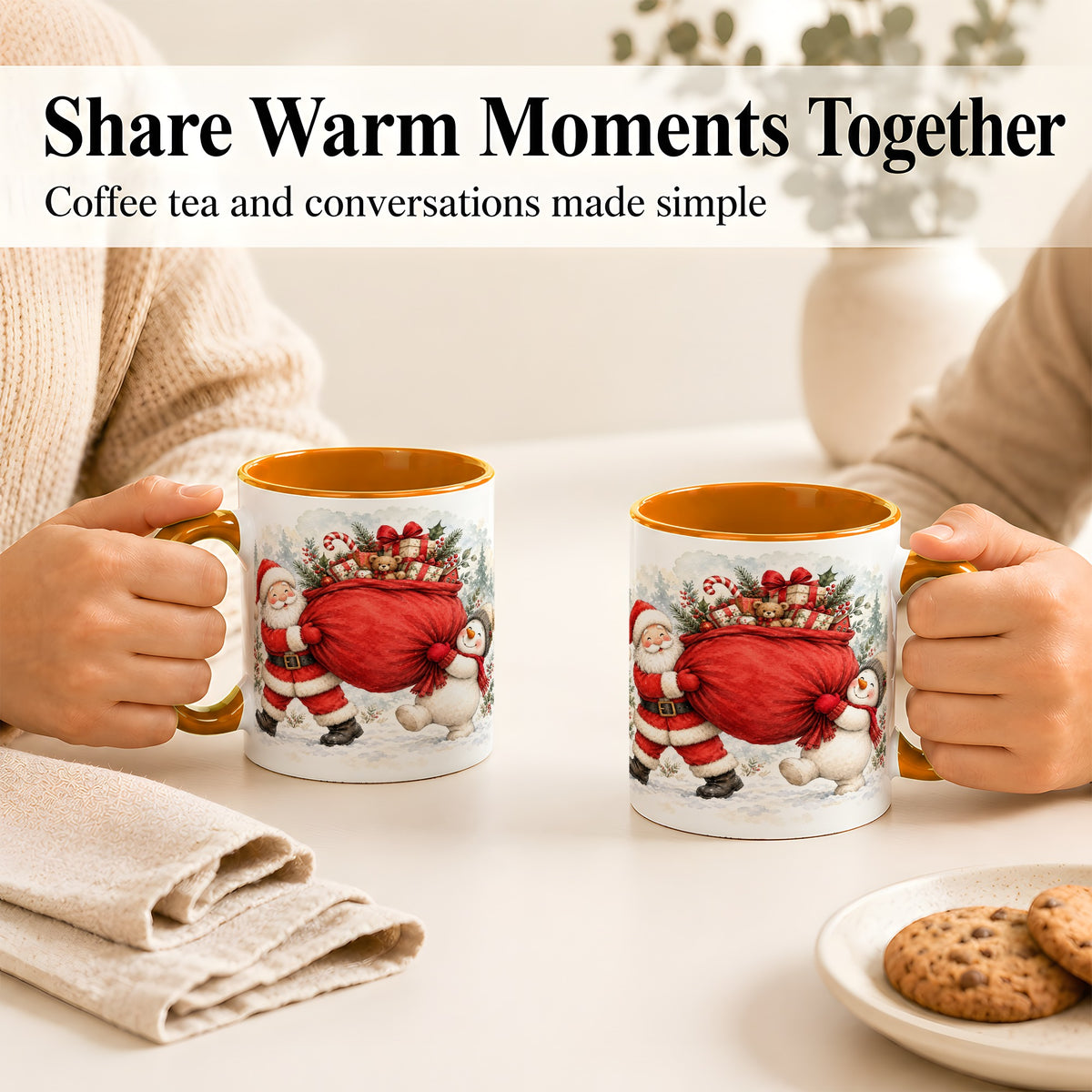 #pl[11oz|Orange] Santa Snowman Christmas Coffee Mug, Holiday Friends Mug, Ceramic Cup