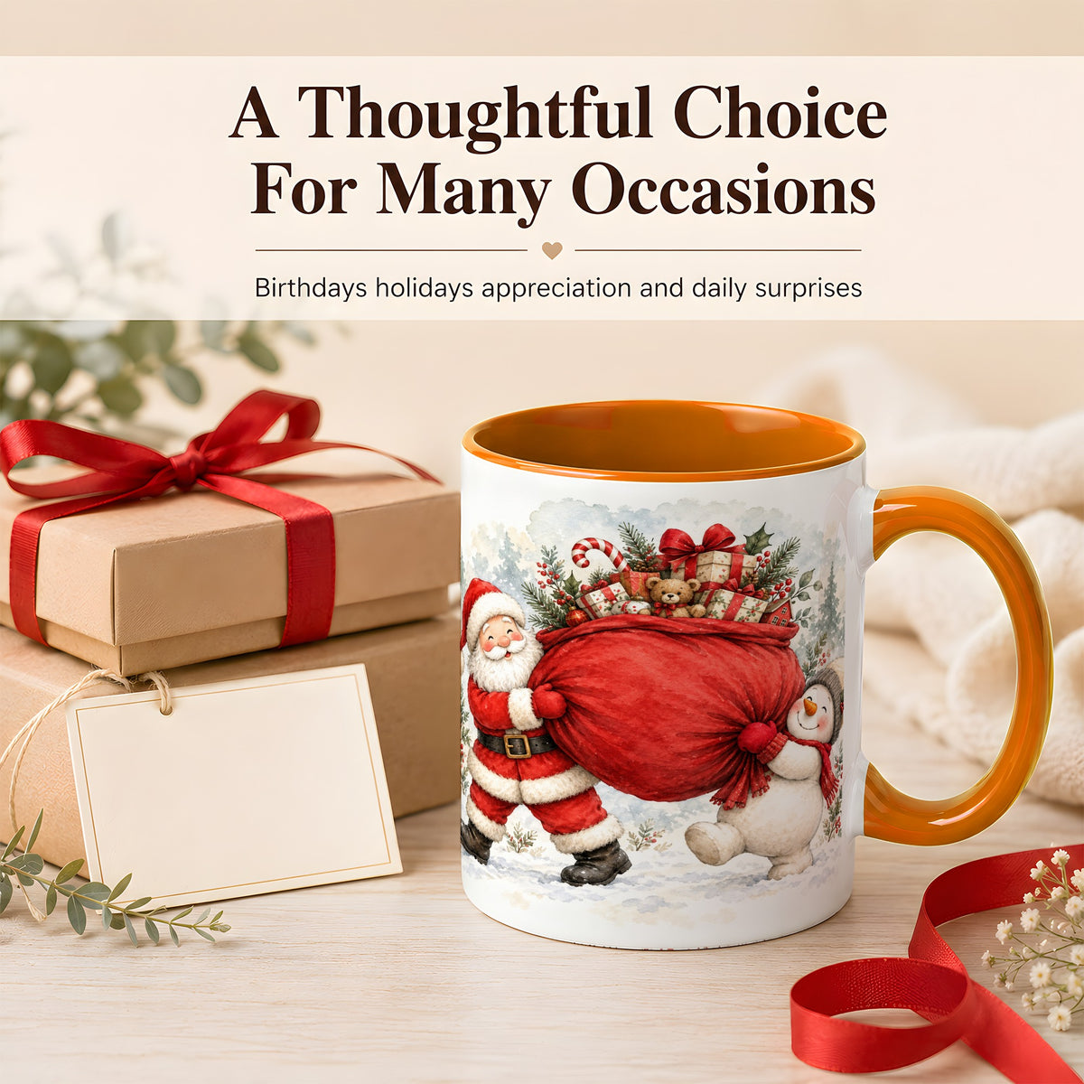 #pl[11oz|Orange] Santa Snowman Christmas Coffee Mug, Holiday Friends Mug, Ceramic Cup