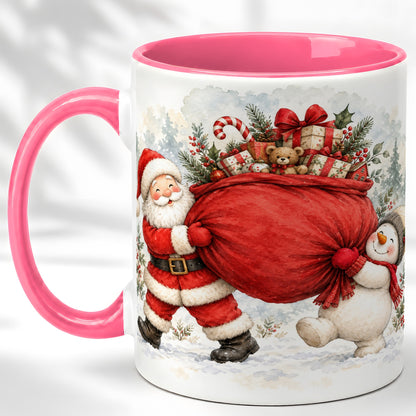 #pl[11oz|Pink] Santa Snowman Christmas Coffee Mug, Holiday Friends Mug, Ceramic Cup