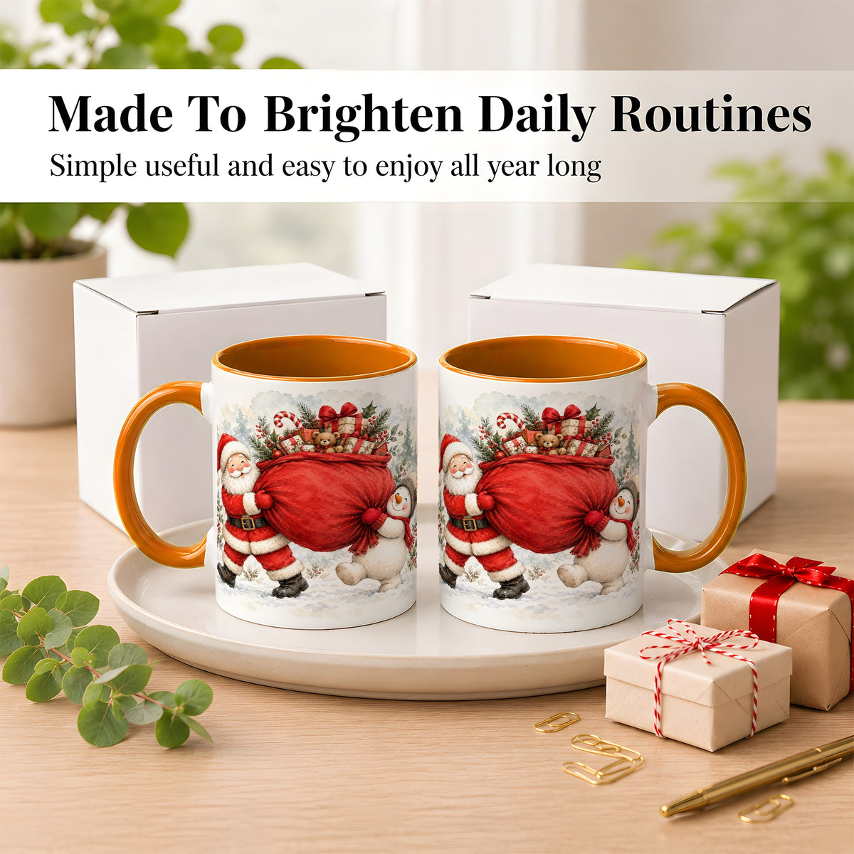 #pl[11oz|Orange] Santa Snowman Christmas Coffee Mug, Holiday Friends Mug, Ceramic Cup