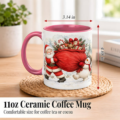 #pl[11oz|Pink] Santa Snowman Christmas Coffee Mug, Holiday Friends Mug, Ceramic Cup