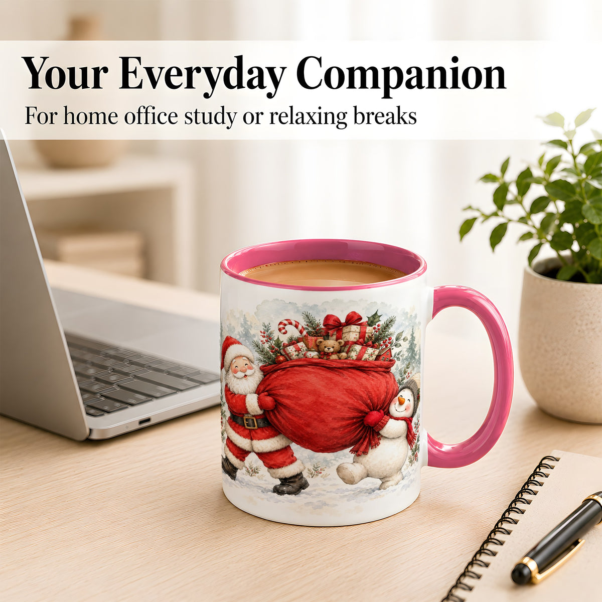 #pl[11oz|Pink] Santa Snowman Christmas Coffee Mug, Holiday Friends Mug, Ceramic Cup