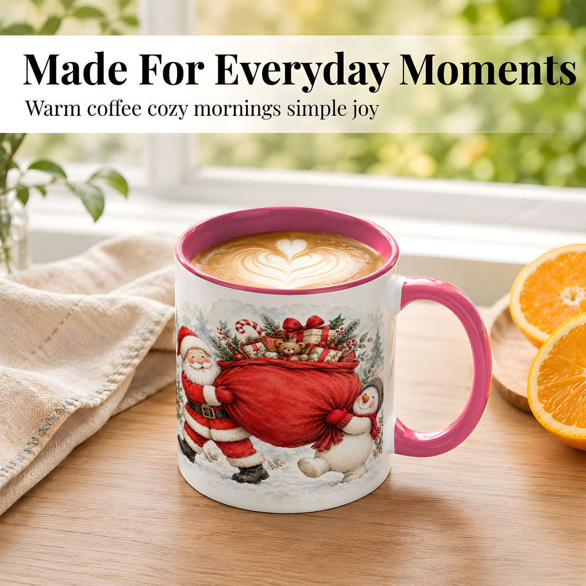 #pl[11oz|Pink] Santa Snowman Christmas Coffee Mug, Holiday Friends Mug, Ceramic Cup