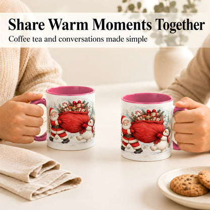 #pl[11oz|Pink] Santa Snowman Christmas Coffee Mug, Holiday Friends Mug, Ceramic Cup