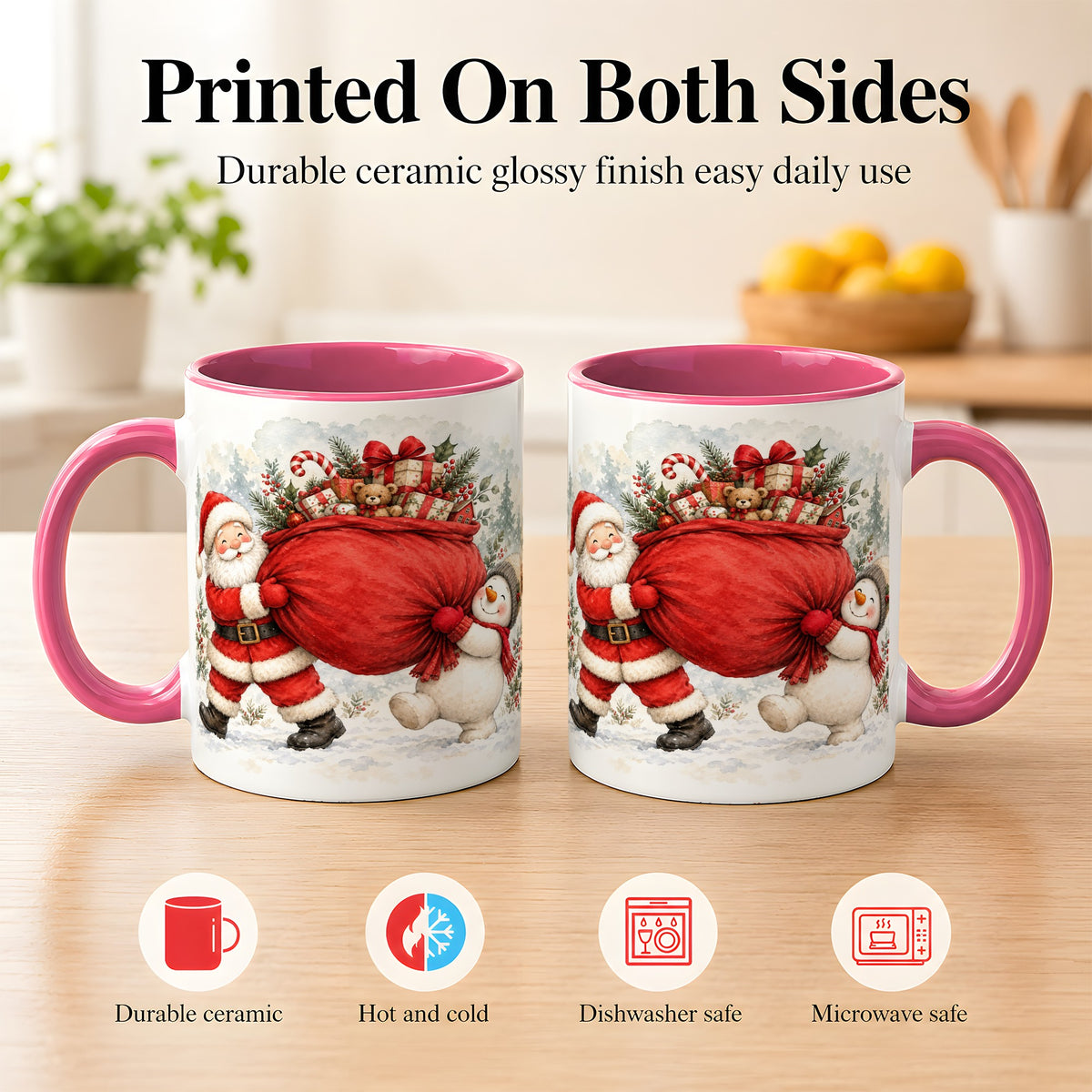#pl[11oz|Pink] Santa Snowman Christmas Coffee Mug, Holiday Friends Mug, Ceramic Cup