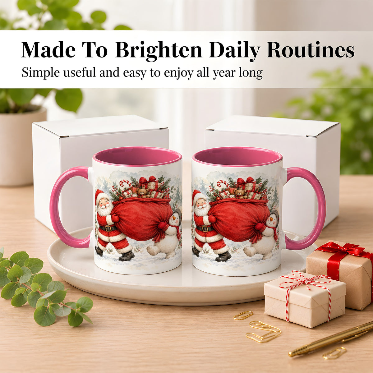 #pl[11oz|Pink] Santa Snowman Christmas Coffee Mug, Holiday Friends Mug, Ceramic Cup