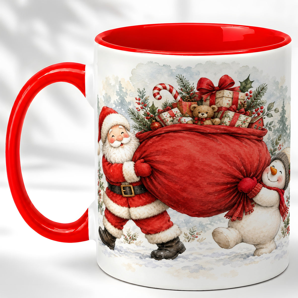 Santa Snowman Christmas Coffee Mug, Holiday Friends Mug, Ceramic Cup