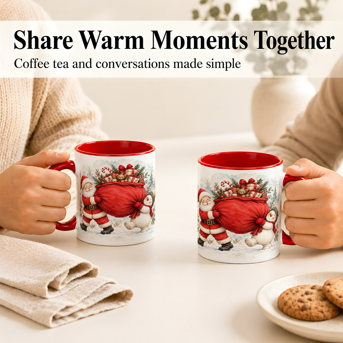 #pl[11oz|Red] Santa Snowman Christmas Coffee Mug, Holiday Friends Mug, Ceramic Cup