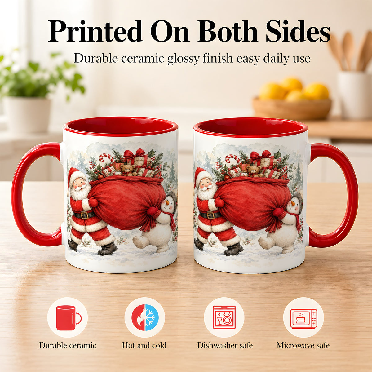 #pl[11oz|Red] Santa Snowman Christmas Coffee Mug, Holiday Friends Mug, Ceramic Cup