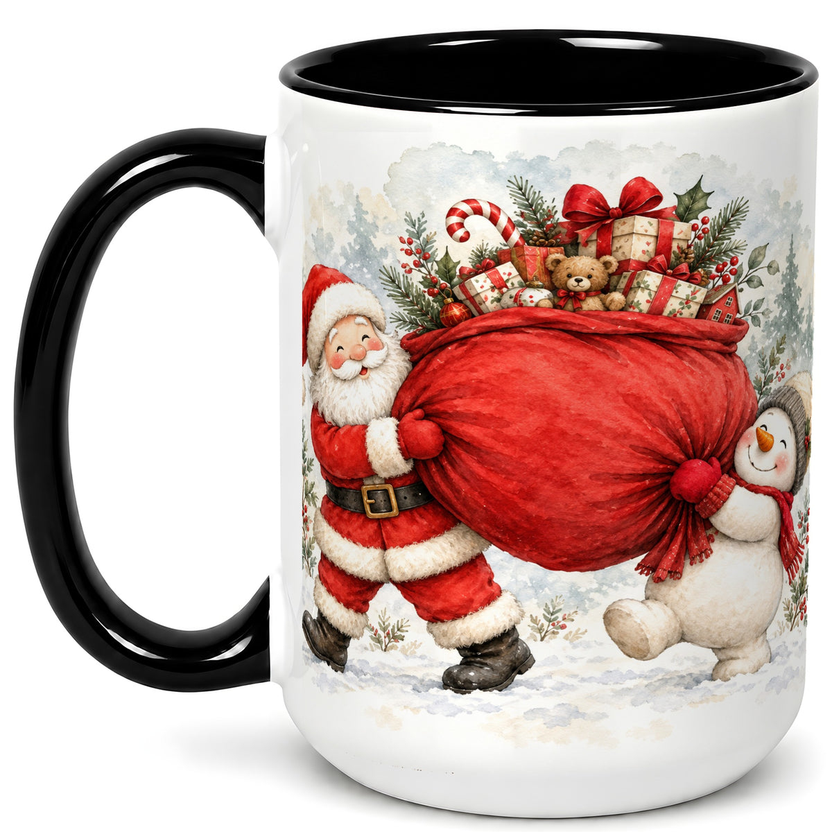 #pl[15oz|Black] Santa Snowman Christmas Coffee Mug, Holiday Friends Mug, Ceramic Cup