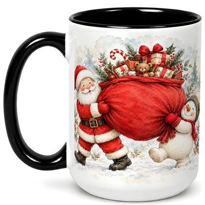 #pl[15oz|Black] Santa Snowman Christmas Coffee Mug, Holiday Friends Mug, Ceramic Cup