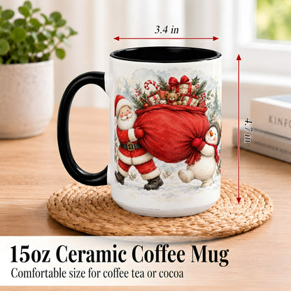 #pl[15oz|Black] Santa Snowman Christmas Coffee Mug, Holiday Friends Mug, Ceramic Cup