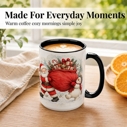 #pl[15oz|Black] Santa Snowman Christmas Coffee Mug, Holiday Friends Mug, Ceramic Cup