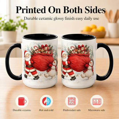 #pl[15oz|Black] Santa Snowman Christmas Coffee Mug, Holiday Friends Mug, Ceramic Cup