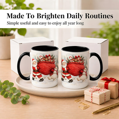 #pl[15oz|Black] Santa Snowman Christmas Coffee Mug, Holiday Friends Mug, Ceramic Cup