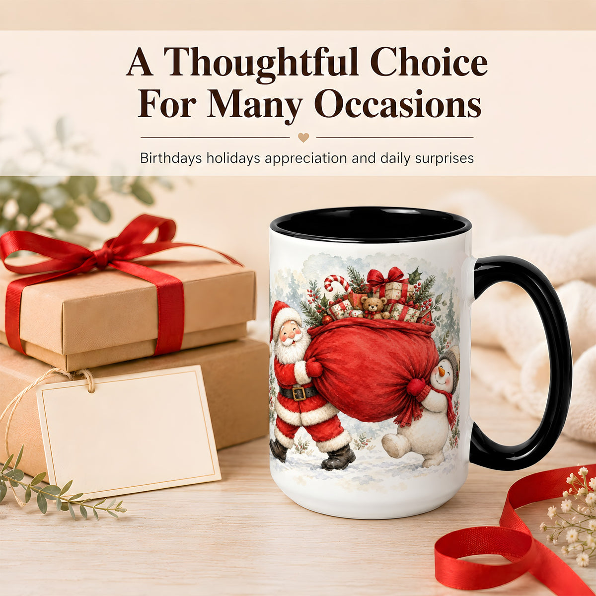 #pl[15oz|Black] Santa Snowman Christmas Coffee Mug, Holiday Friends Mug, Ceramic Cup