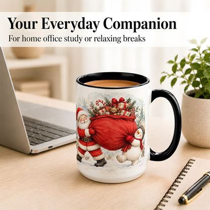 #pl[15oz|Black] Santa Snowman Christmas Coffee Mug, Holiday Friends Mug, Ceramic Cup