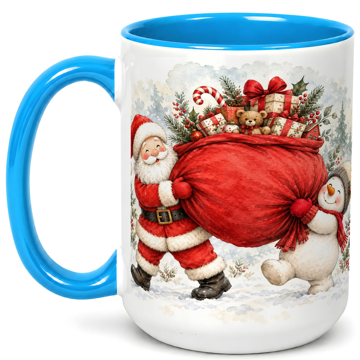 #pl[15oz|Blue] Santa Snowman Christmas Coffee Mug, Holiday Friends Mug, Ceramic Cup