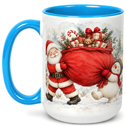 #pl[15oz|Blue] Santa Snowman Christmas Coffee Mug, Holiday Friends Mug, Ceramic Cup