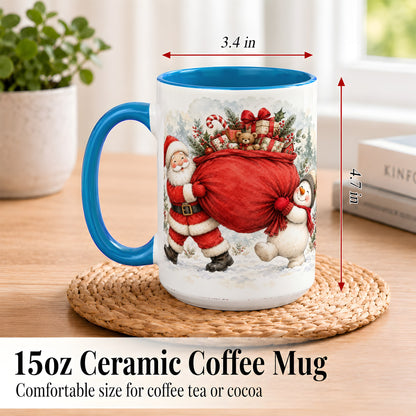 #pl[15oz|Blue] Santa Snowman Christmas Coffee Mug, Holiday Friends Mug, Ceramic Cup