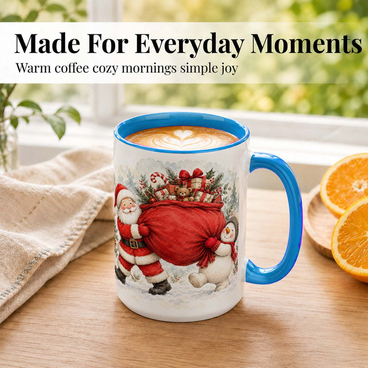 #pl[15oz|Blue] Santa Snowman Christmas Coffee Mug, Holiday Friends Mug, Ceramic Cup