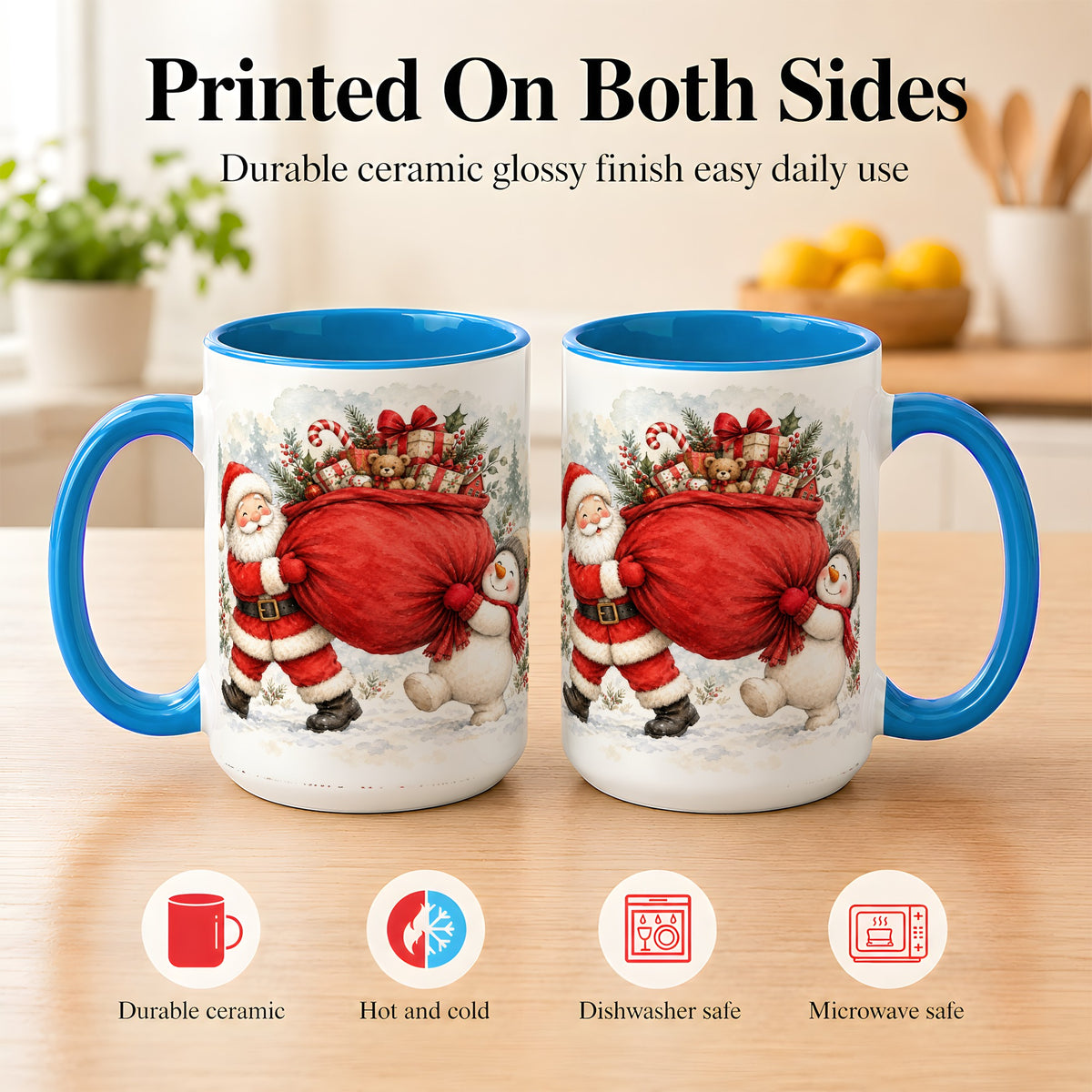 #pl[15oz|Blue] Santa Snowman Christmas Coffee Mug, Holiday Friends Mug, Ceramic Cup