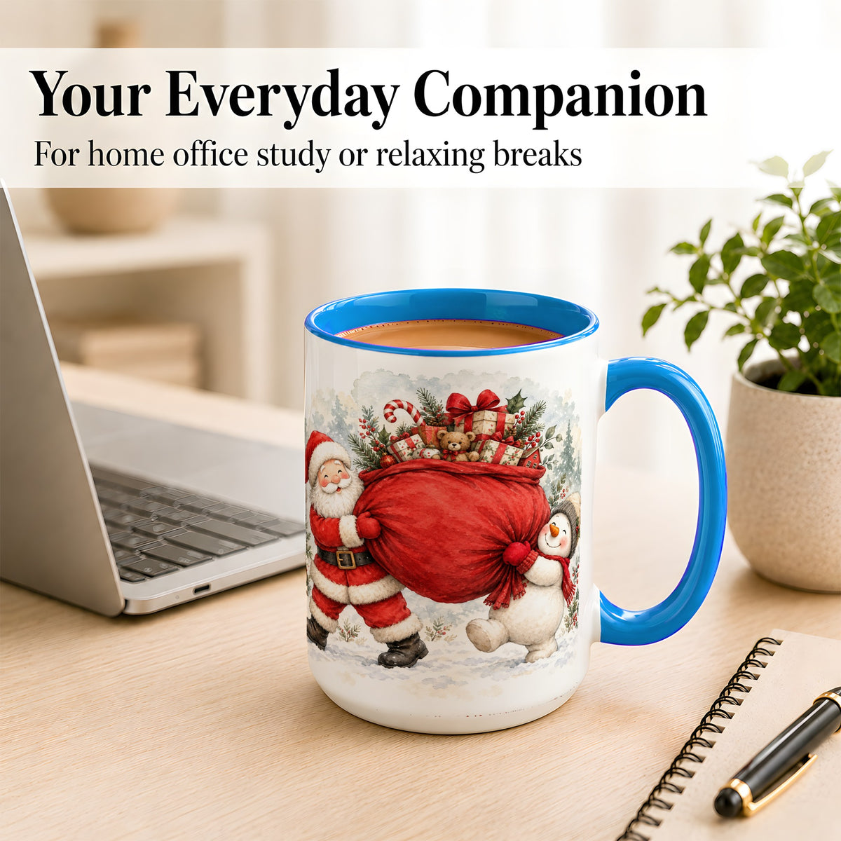 #pl[15oz|Blue] Santa Snowman Christmas Coffee Mug, Holiday Friends Mug, Ceramic Cup