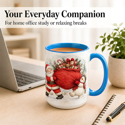 #pl[15oz|Blue] Santa Snowman Christmas Coffee Mug, Holiday Friends Mug, Ceramic Cup