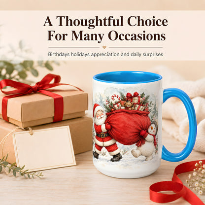 #pl[15oz|Blue] Santa Snowman Christmas Coffee Mug, Holiday Friends Mug, Ceramic Cup