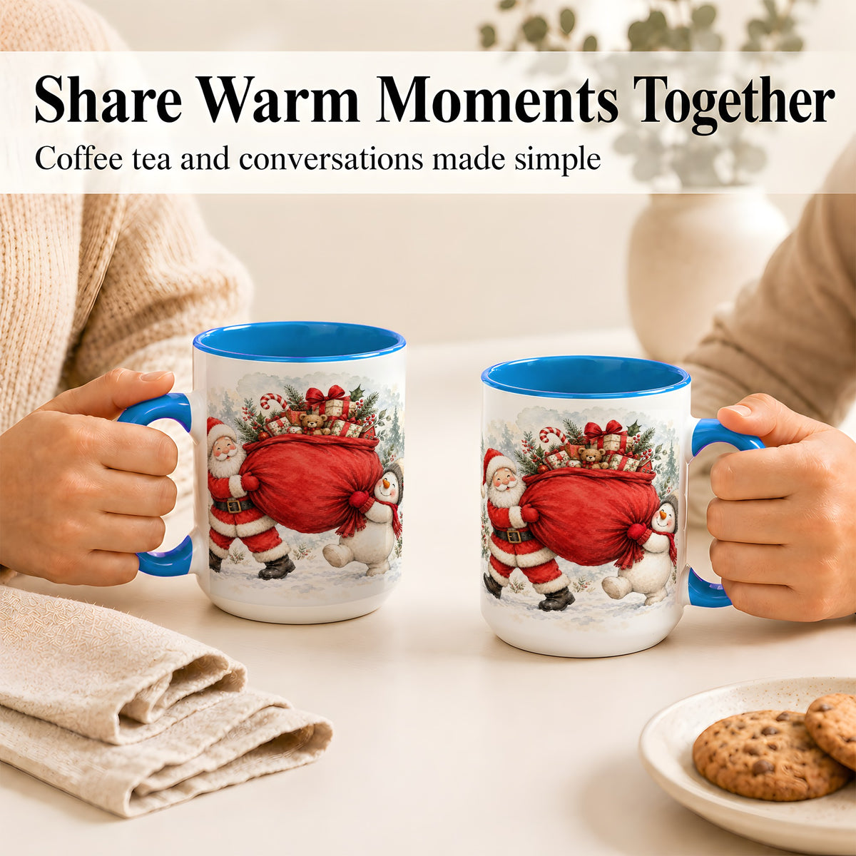 #pl[15oz|Blue] Santa Snowman Christmas Coffee Mug, Holiday Friends Mug, Ceramic Cup
