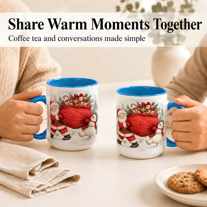 #pl[15oz|Blue] Santa Snowman Christmas Coffee Mug, Holiday Friends Mug, Ceramic Cup