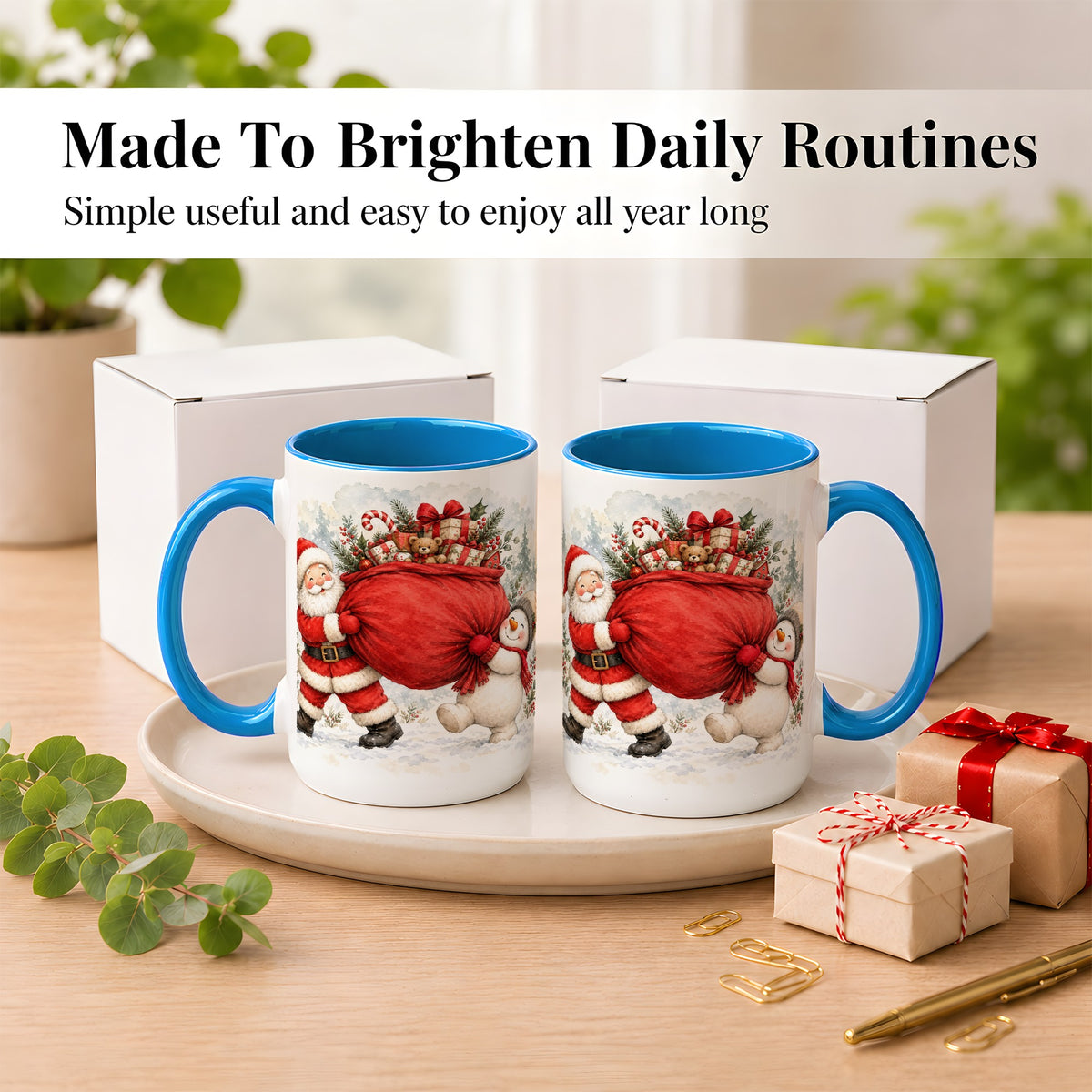 #pl[15oz|Blue] Santa Snowman Christmas Coffee Mug, Holiday Friends Mug, Ceramic Cup