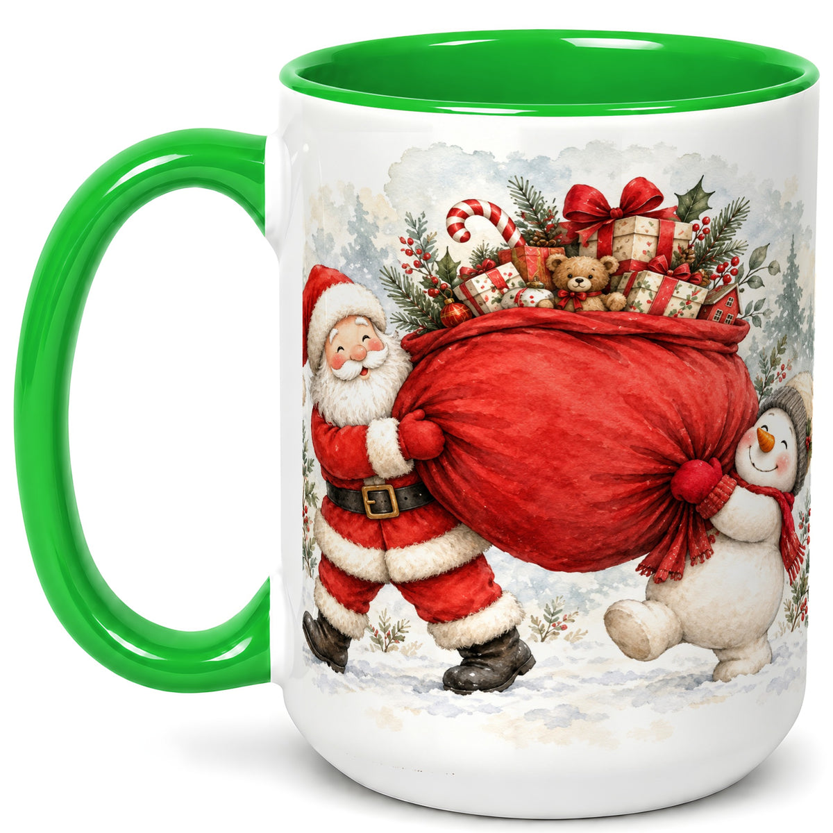 #pl[15oz|Green] Santa Snowman Christmas Coffee Mug, Holiday Friends Mug, Ceramic Cup