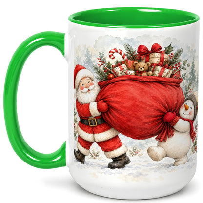 #pl[15oz|Green] Santa Snowman Christmas Coffee Mug, Holiday Friends Mug, Ceramic Cup