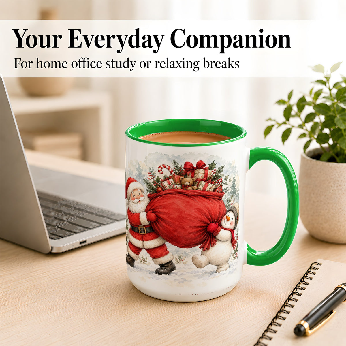 #pl[15oz|Green] Santa Snowman Christmas Coffee Mug, Holiday Friends Mug, Ceramic Cup