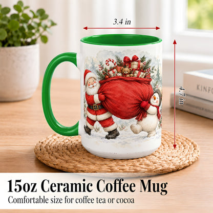 #pl[15oz|Green] Santa Snowman Christmas Coffee Mug, Holiday Friends Mug, Ceramic Cup