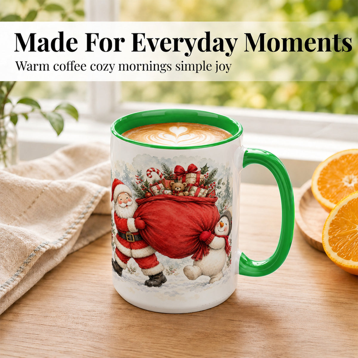 #pl[15oz|Green] Santa Snowman Christmas Coffee Mug, Holiday Friends Mug, Ceramic Cup