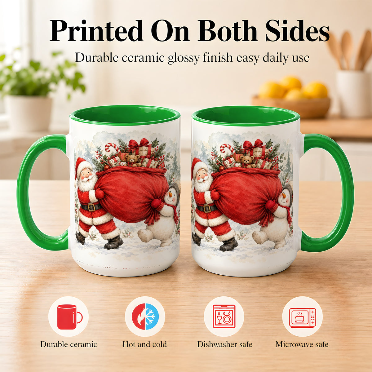 #pl[15oz|Green] Santa Snowman Christmas Coffee Mug, Holiday Friends Mug, Ceramic Cup