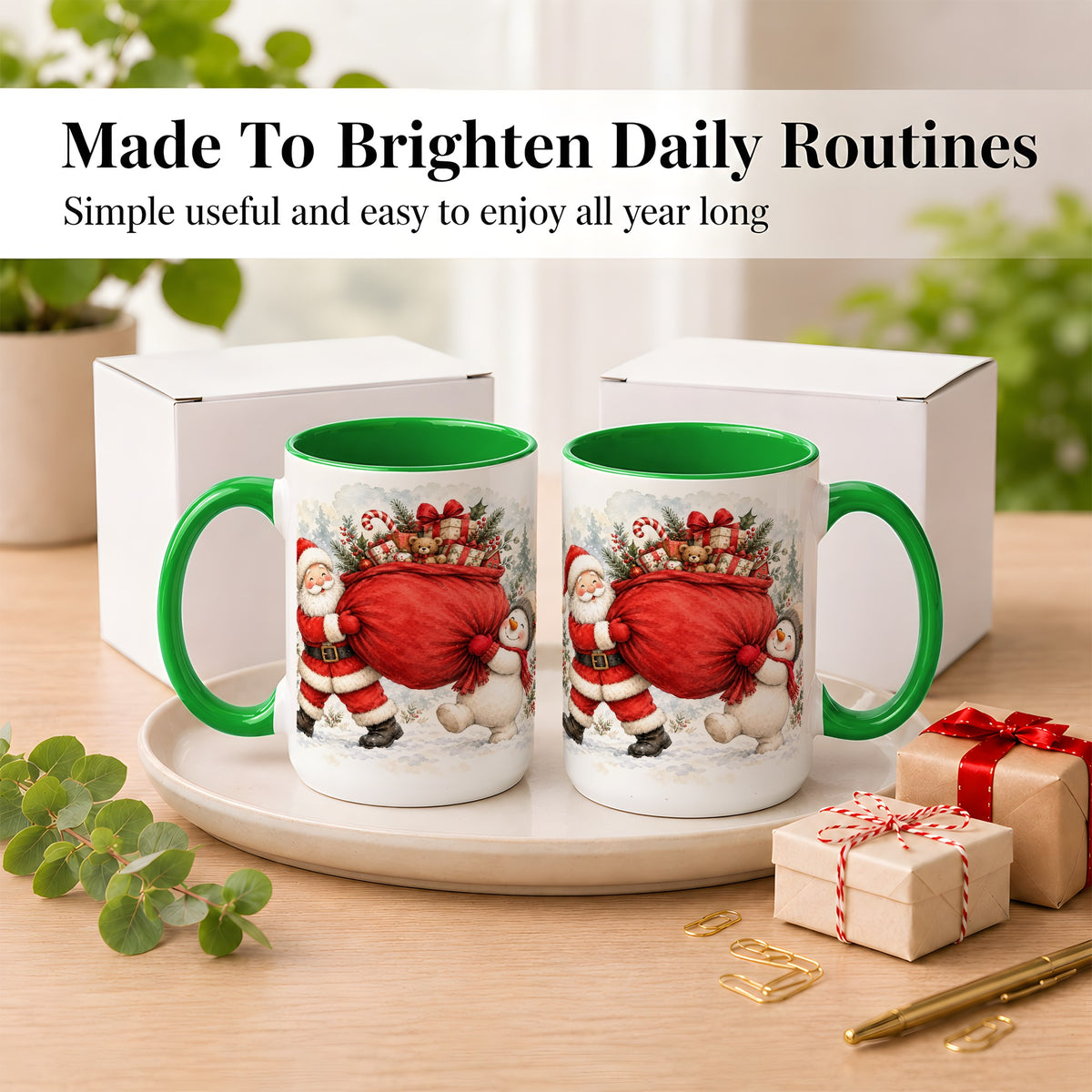 #pl[15oz|Green] Santa Snowman Christmas Coffee Mug, Holiday Friends Mug, Ceramic Cup