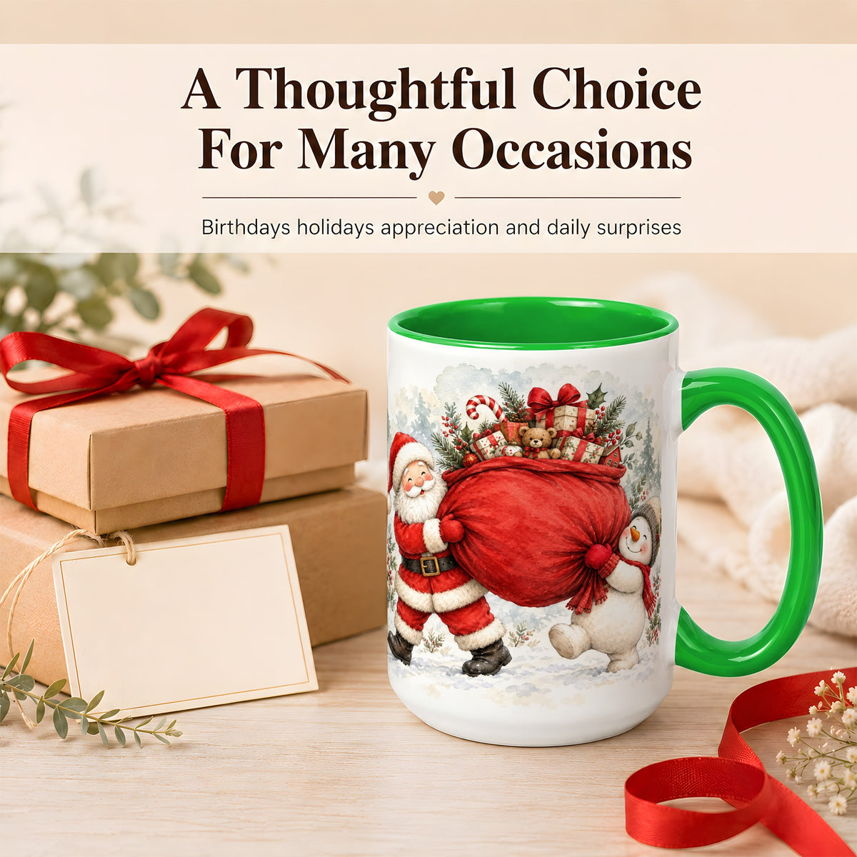 #pl[15oz|Green] Santa Snowman Christmas Coffee Mug, Holiday Friends Mug, Ceramic Cup